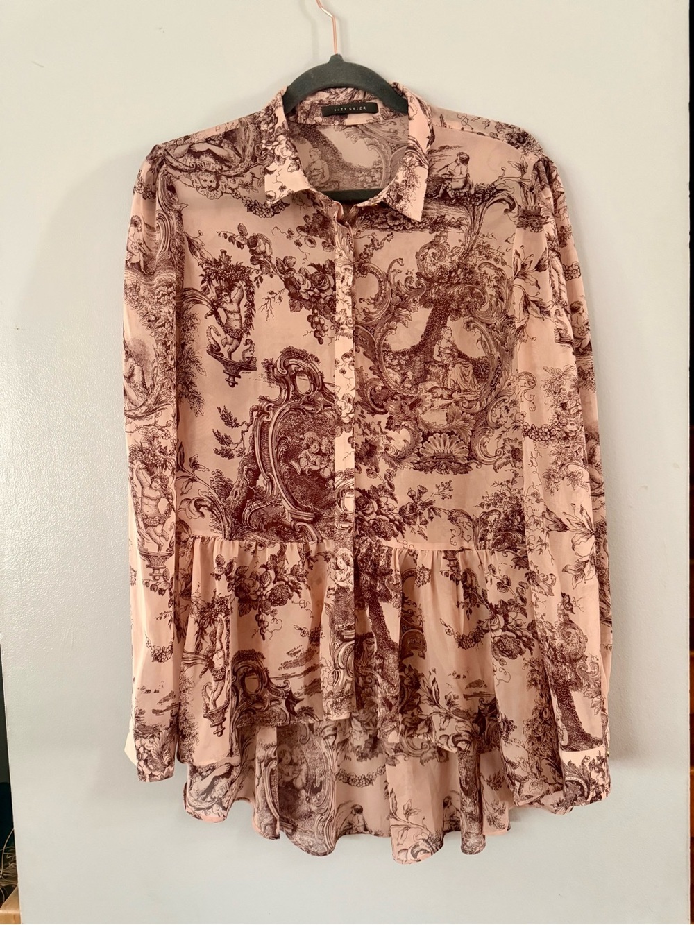 Suzy Shier Blush Pink Toile Peplum Button-Down Blouse - Size L